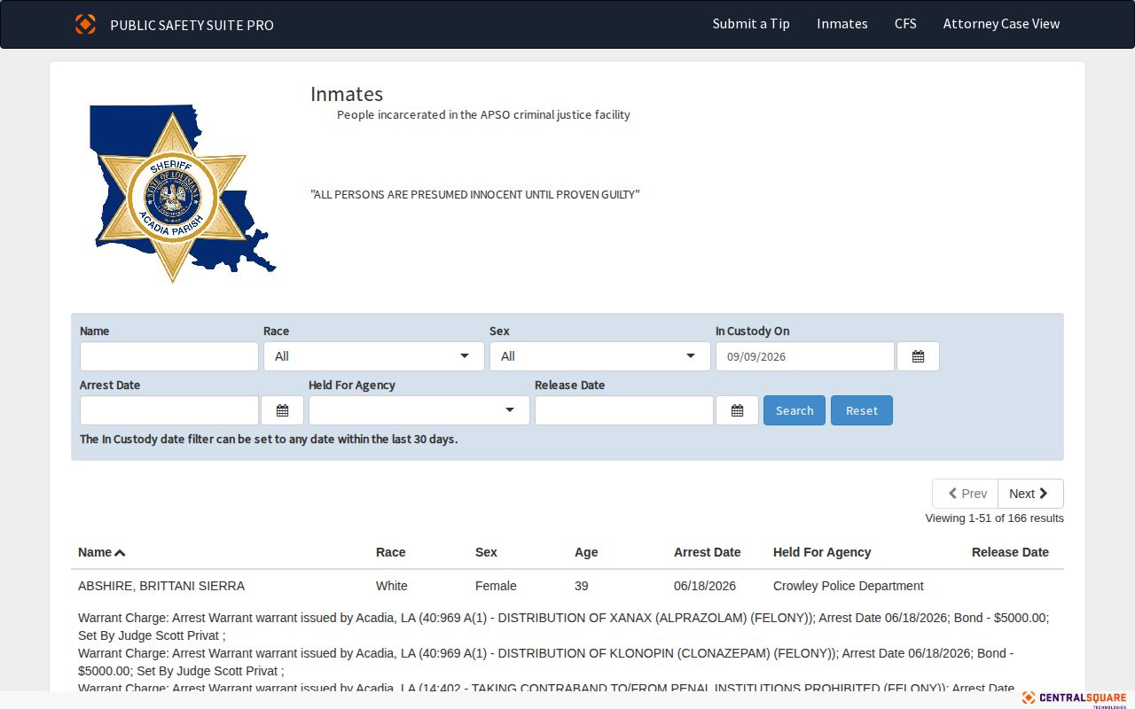 Acadia Parish Sheriff inmate roster search