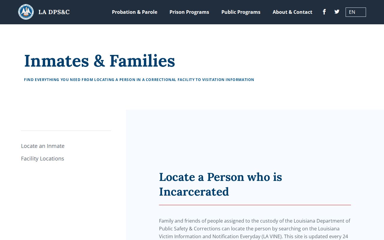 Louisiana DOC inmate information page explaining state custody and VINE access