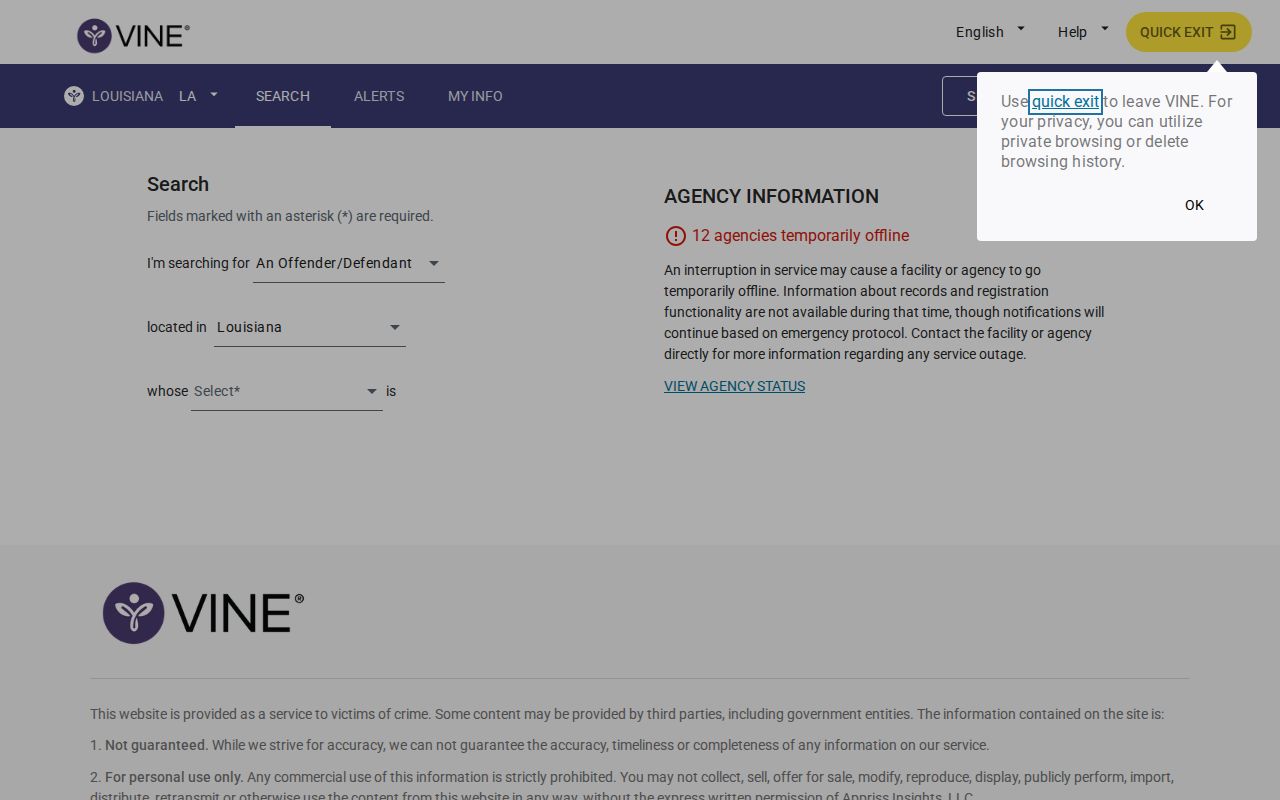 VINELink Louisiana person search controls for an Acadia Parish custody check