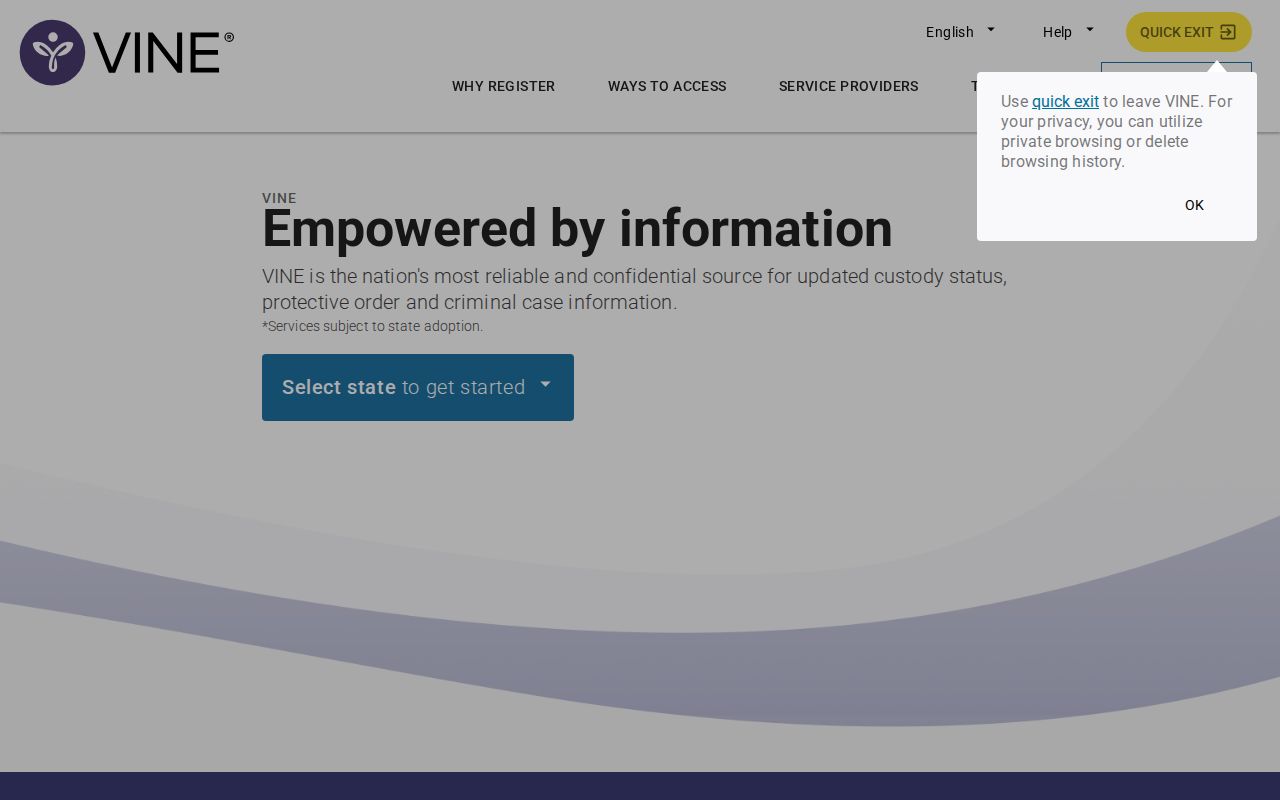 VINELink access screen for custody status and notification registration